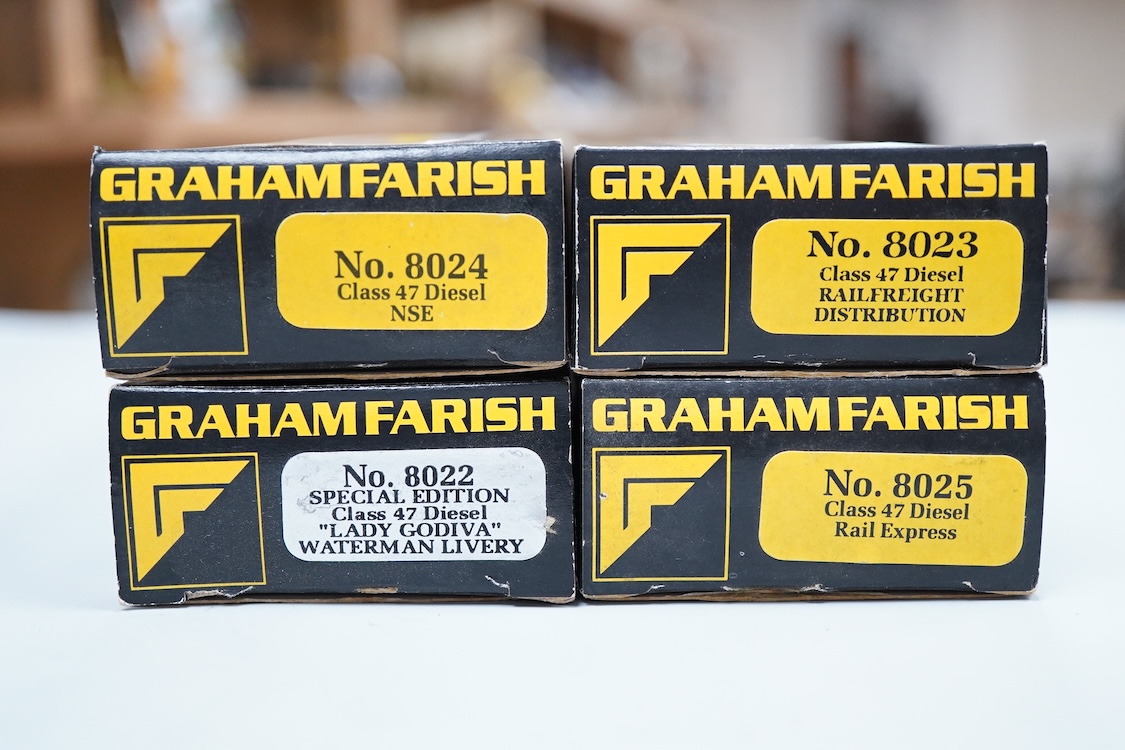 Four boxed Graham Farish N gauge railway Class 47 diesel locomotives; a Waterman Railways Heritage Class, Lady Godiva 47 710 (8022), a Network SouthEast, 47 598 (8024), a Rail Express, 47 594 (8025) and a Railfreight Dis